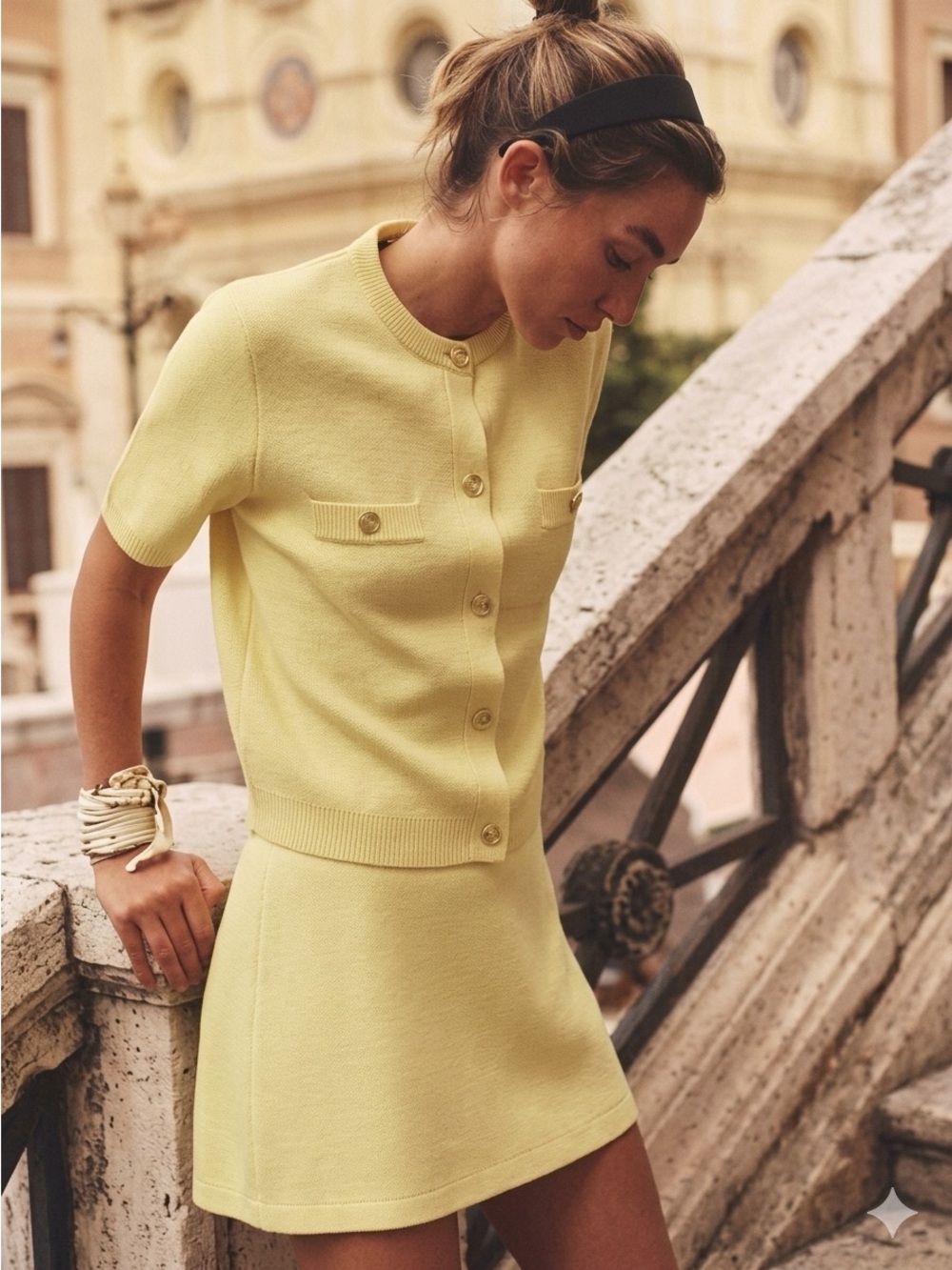 Zara Knit Two-Piece Set Cardigan & Matching Skirt Yellow Size Small